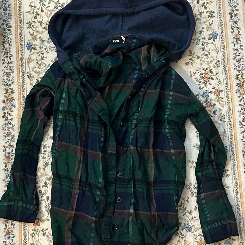 BDG Dark Green, Navy & Brown Plaid Hooded Flannel Shirt